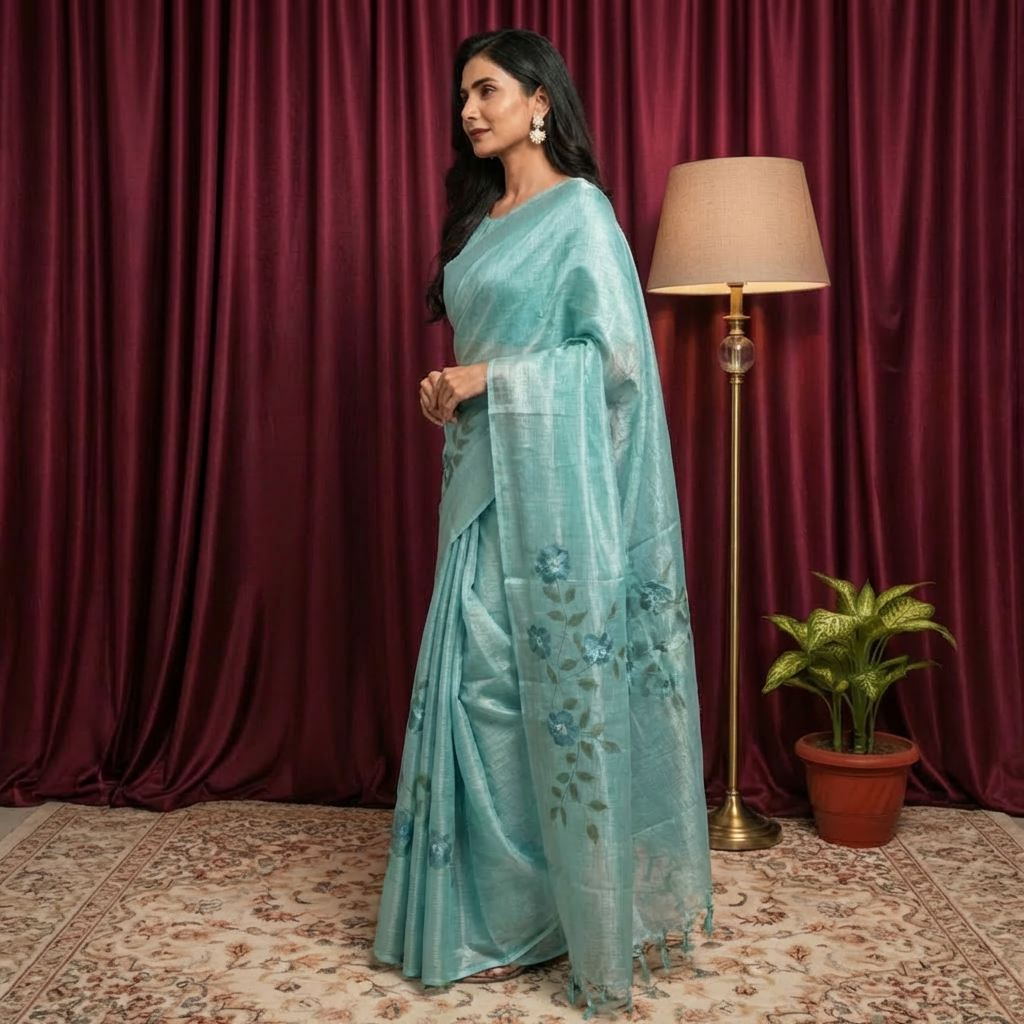 Cotton Tissue Cyan Floral Saree