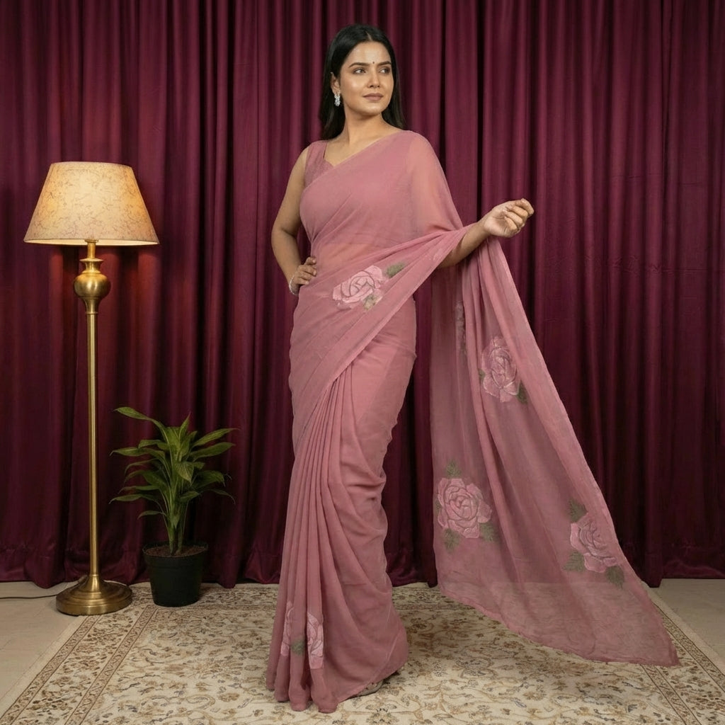 Hot Pink Georgette Saree
