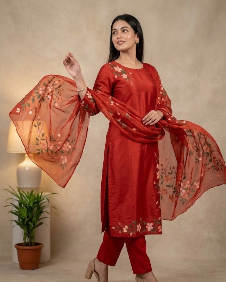Red Royale Hand-paint kurta set ( Unstitched )